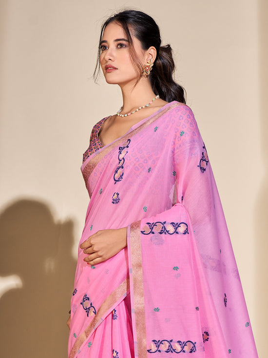 Saree Mall Women's Cotton Blend Pink Woven Design Designer Saree With Blouse Piece-PRISA135904