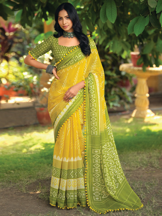 Saree Mall Women's Cotton Blend Yellow Printed Designer Saree With Blouse Piece-PUMPUM11I