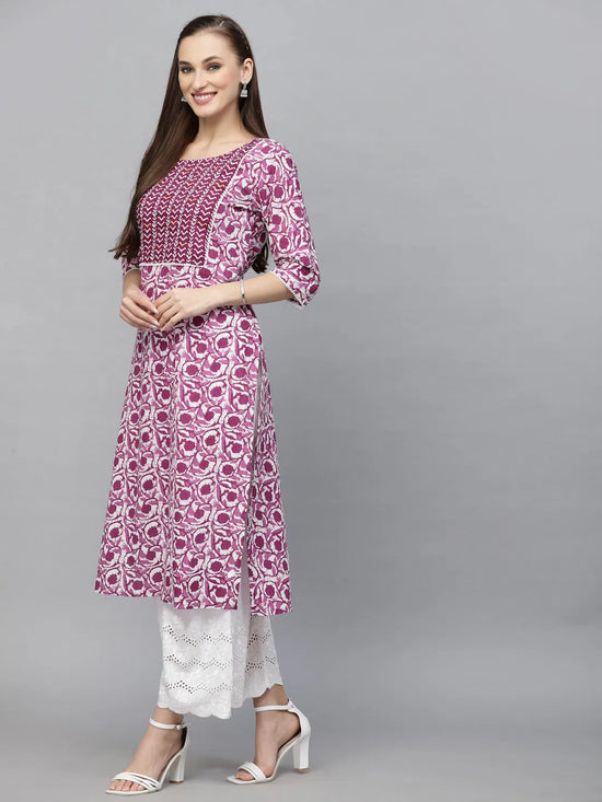 Women's Purple Printed Cotton Slub Straight Kurta