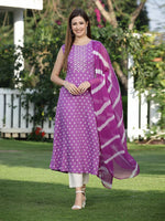 Women's Bandhej Printed A-Line Kurta with Dupatta-PURPLEKAWA-S