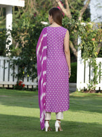 Women's Bandhej Printed A-Line Kurta with Dupatta-PURPLEKAWA-S