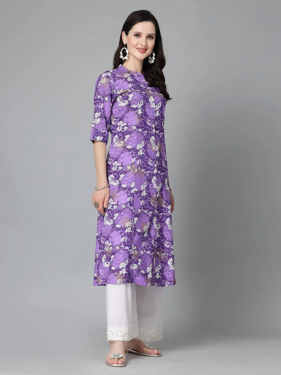 Women's Printed Rayon A-Line Kurta-PURPLESHARK36