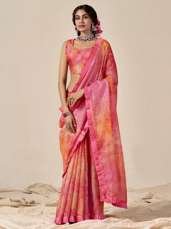 Saree Mall Women's Kota Doria Cotton Pink Printed Designer Saree With Blouse Piece-PUSHPM1002