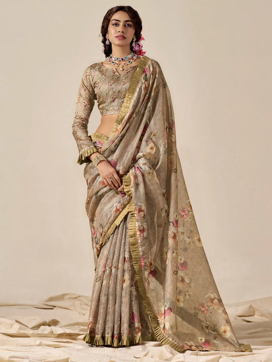 Saree Mall Women's Kota Doria Cotton Beige Printed Designer Saree With Blouse Piece-PUSHPM1005