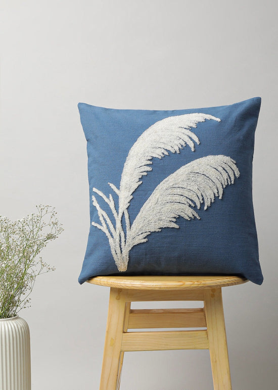 Pampas Grass 100% cotton embroidered cushion cover for sofa - Blue-230454065