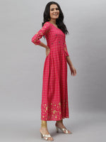 Women's Embroidered Rayon Flared Kurta-Pankhuripink-XS