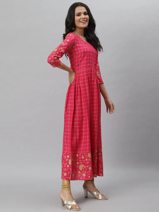 Women's Embroidered Rayon Flared Kurta-Pankhuripink-XS