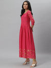 Women's Embroidered Rayon Flared Kurta-Pankhuripink-XS