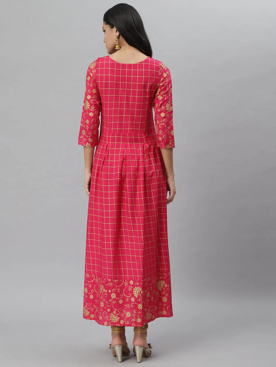 Women's Embroidered Rayon Flared Kurta-Pankhuripink-XS