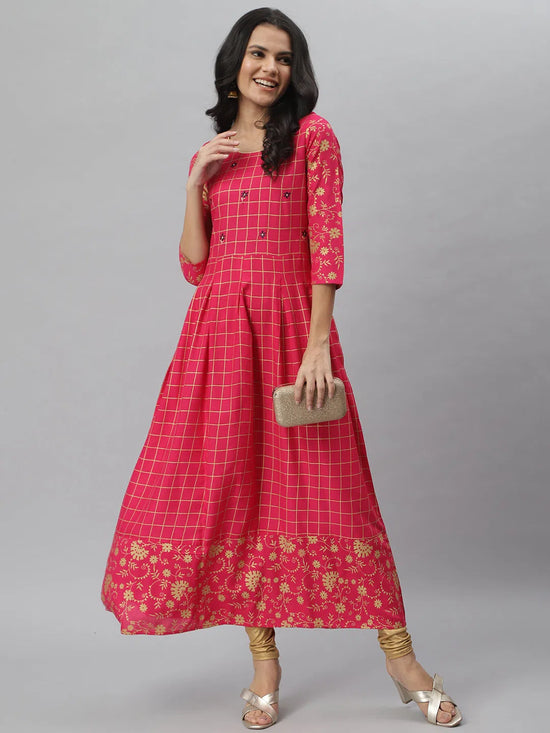 Women's Embroidered Rayon Flared Kurta-Pankhuripink-XS