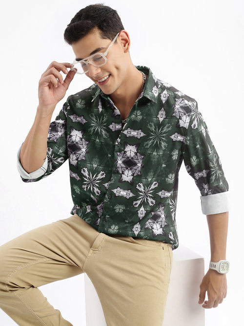 Men Spread Collar Abstract Slim Fit Green Shirt-Peace-2809-Green