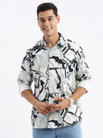 Men Spread Collar Abstract Slim Fit Sea Green Shirt-Peace-2814-Seagreen