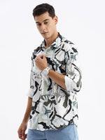 Men Spread Collar Abstract Slim Fit Sea Green Shirt-Peace-2814-Seagreen