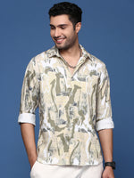 Men Abstract Beige Slim Fit Shirt-Peace-2815-Beige