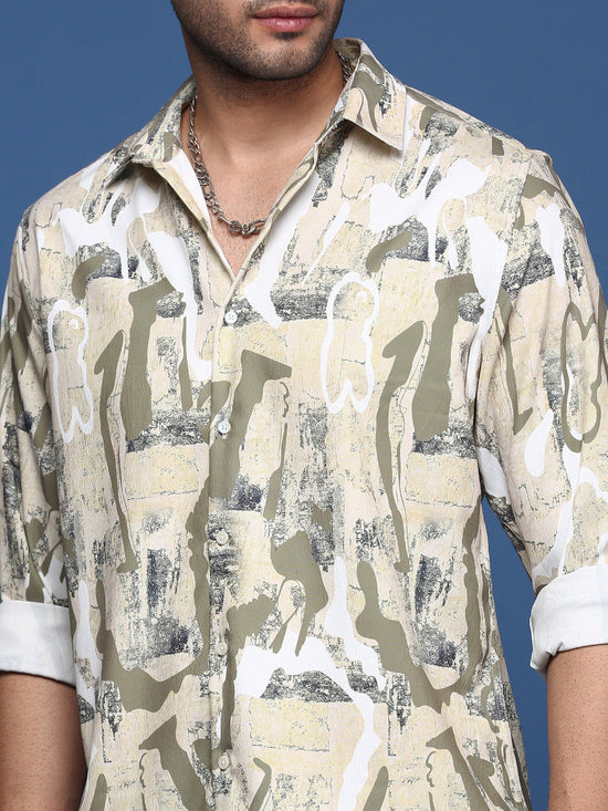 Men Abstract Beige Slim Fit Shirt-Peace-2815-Beige