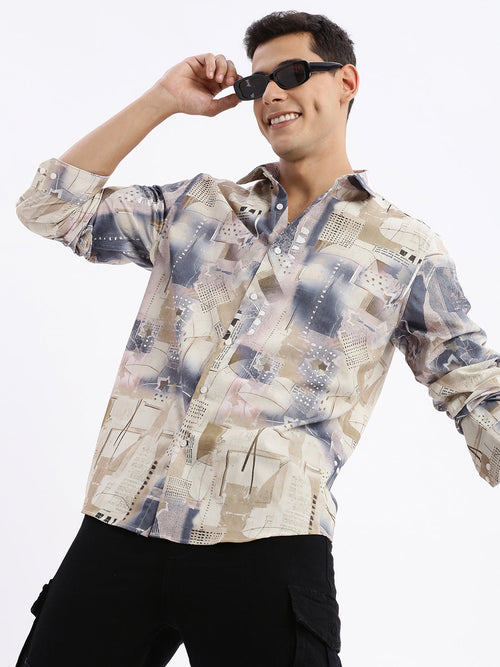 Men Spread Collar Abstract Slim Fit Multi Shirt-Peace-2818-Multi