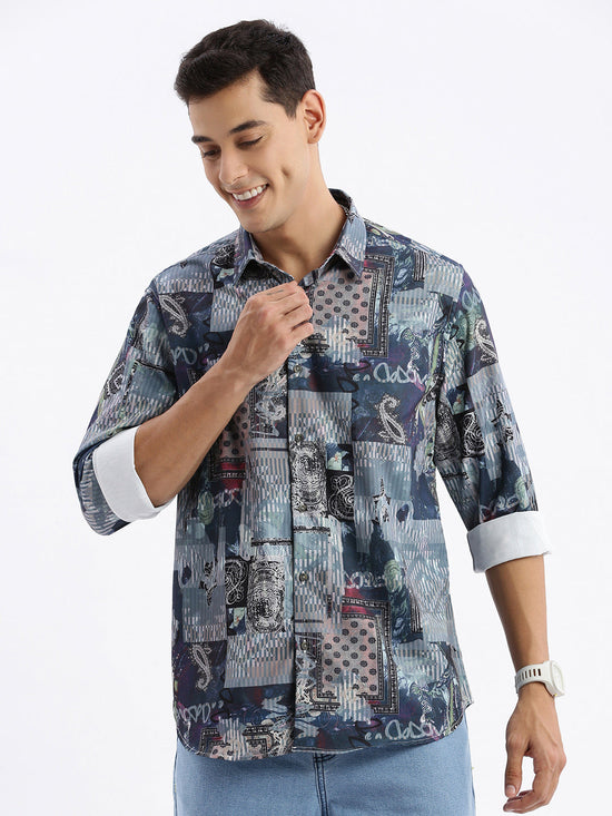 Men Spread Collar Abstract Slim Fit Multi Shirt-Peace-2819-Multi