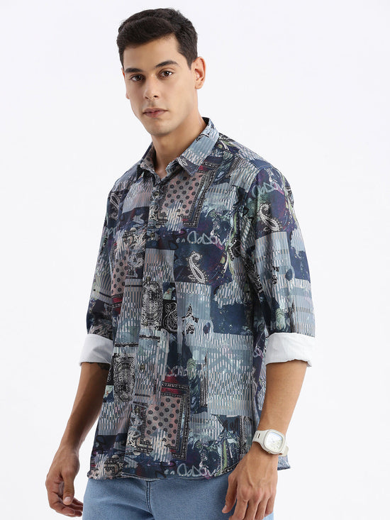 Men Spread Collar Abstract Slim Fit Multi Shirt-Peace-2819-Multi