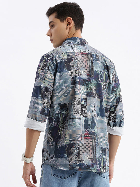 Men Spread Collar Abstract Slim Fit Multi Shirt-Peace-2819-Multi