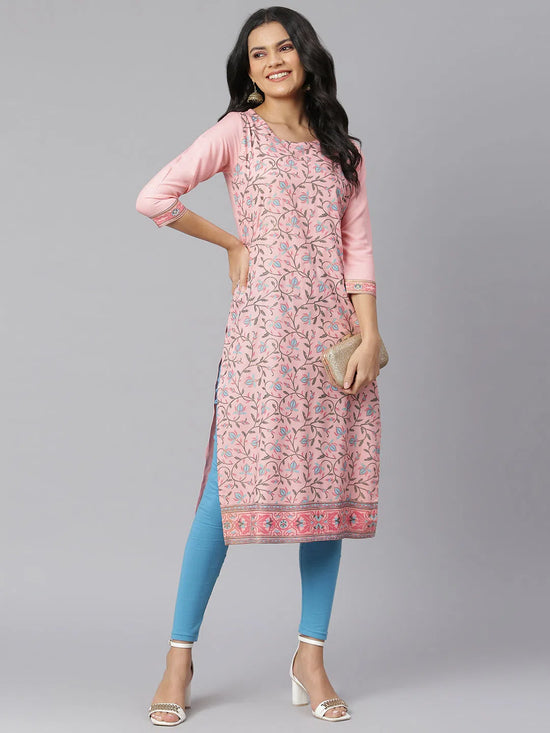 Women's Floral Printed Rayon Straight Kurta-Peachcandy-S