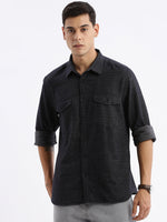 Men Spread Collar Solid Slim Fit Black Shirt-Philip-2693-Black