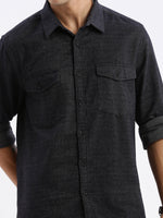 Men Spread Collar Solid Slim Fit Black Shirt-Philip-2693-Black