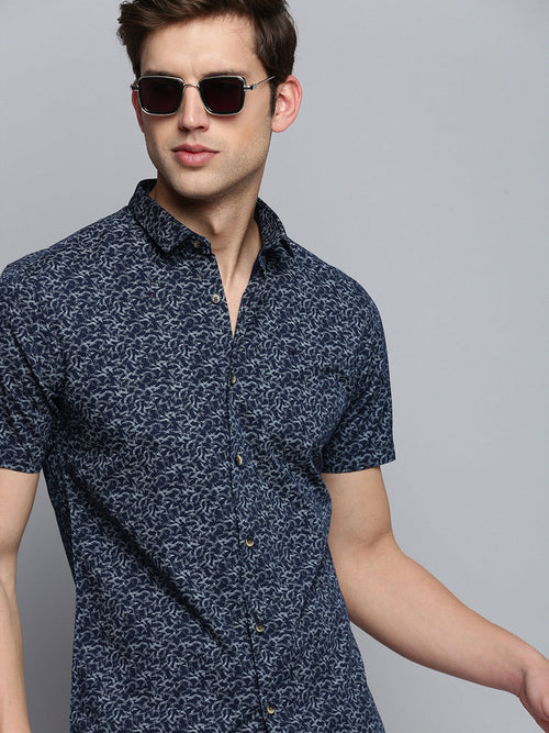 Men Spread Collar Printed Navy Blue Shirt-PicoPrint-2020-Navyblue