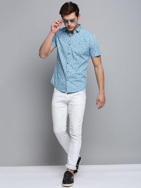 Men Spread Collar Printed Blue Shirt-PicoPrint-2023-Blue