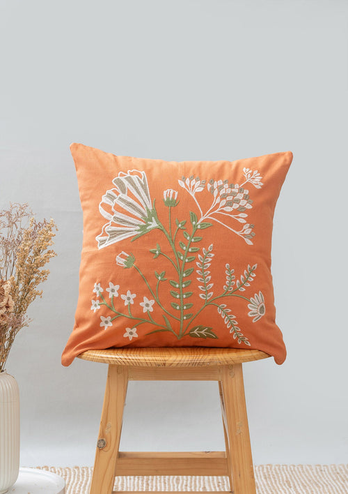 Poppy 100% cotton embroidered floral cushion cover for sofa - Orange-240454020