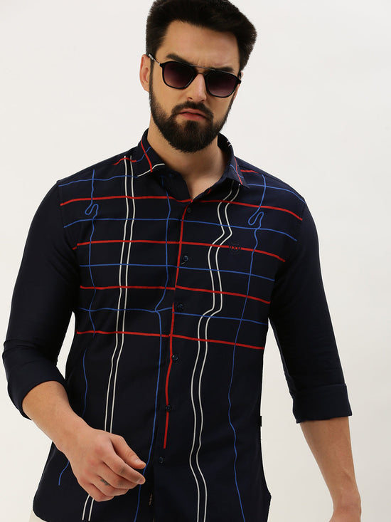 Men Spread Collar Printed Navy Blue Shirt-Quinn-3601-Navyblue