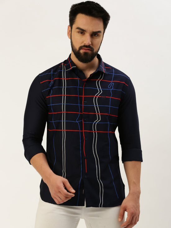 Men Spread Collar Printed Navy Blue Shirt-Quinn-3601-Navyblue