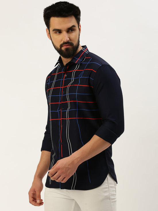 Men Spread Collar Printed Navy Blue Shirt-Quinn-3601-Navyblue