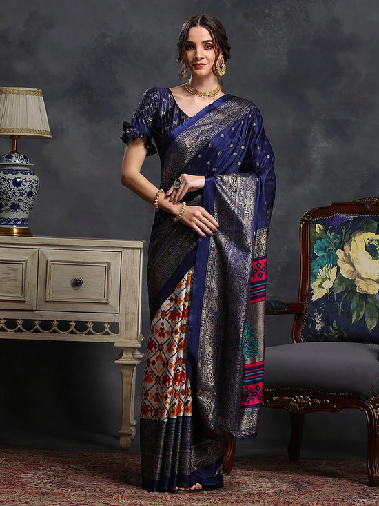 Saree Mall Women's Dola  Navy Blue Printed Designer Saree With Blouse Piece-RAJWADI12D