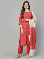 Women's Woven Design Cotton Blend Straight Kurta Pant Dupatta Set