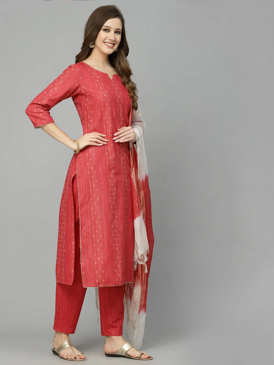 Women's Woven Design Cotton Blend Straight Kurta Pant Dupatta Set