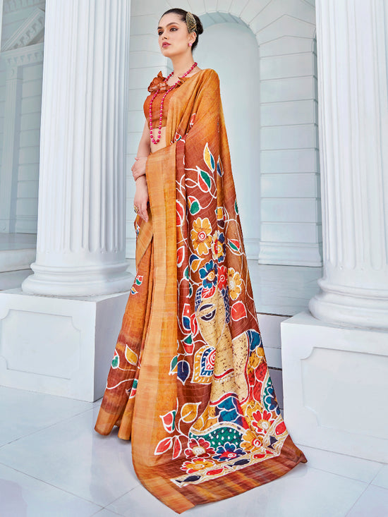 Saree Mall Women's Cotton Blend Orange Printed Designer Saree With Blouse Piece-RJGHRNA108