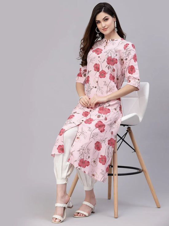 Women's Floral Printed Rayon A-Line Kurta-ROSAPINK-S