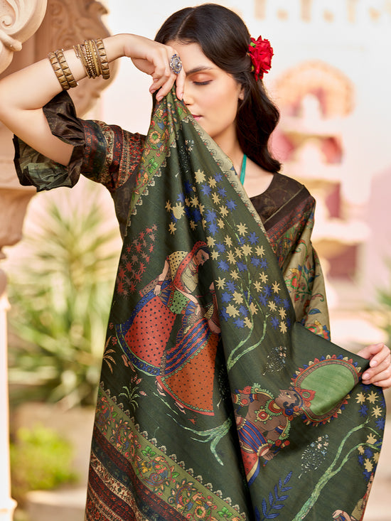 Saree Mall Women's  Blend Olive Printed Designer Saree With Blouse Piece-RPRANI102