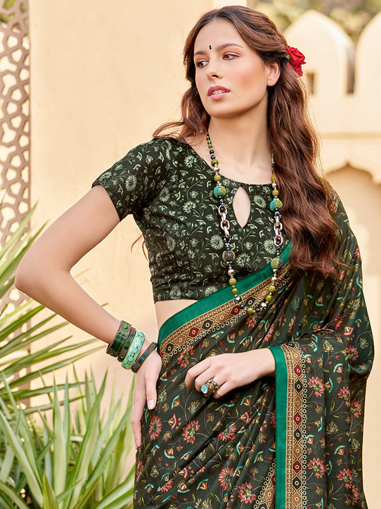 Saree Mall Women's  Blend Dark Green Printed Designer Saree With Blouse Piece-RPRANI103