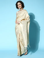 Saree Mall Women's  Blend Cream Woven Design Celebrity Saree With Blouse Piece-KMBH123005