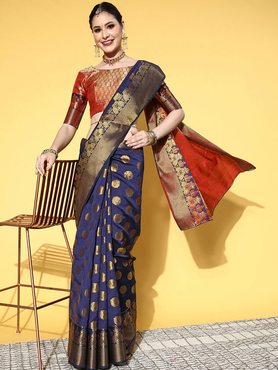 Saree Mall Women's  Blend Navy Blue Woven Design Celebrity Saree With Blouse Piece-VSPC7506