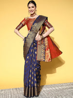 Saree Mall Women's  Blend Navy Blue Woven Design Celebrity Saree With Blouse Piece-VSPC7506