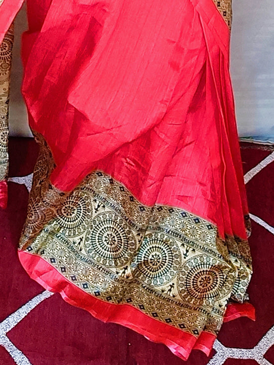 Saree Mall Women's Art  Red Printed Ready To Wear With Blouse Piece-RTWAPHA1036