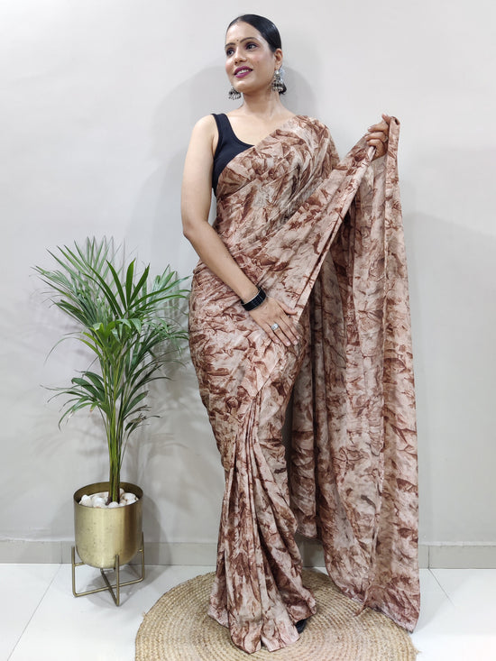 Saree Mall Women's Chiffon Brown Printed Ready To Wear With Blouse Piece-RTWATRNG1301