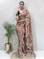 Saree Mall Women's Chiffon Brown Printed Ready To Wear With Blouse Piece-RTWATRNG1301