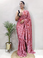 Saree Mall Women's Chiffon Pink Printed Ready To Wear With Blouse Piece-RTWATRNG1305