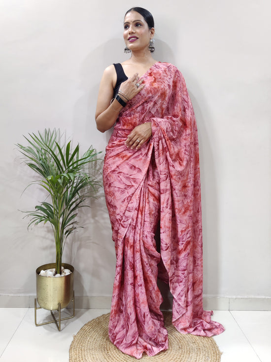 Saree Mall Women's Chiffon Pink Printed Ready To Wear With Blouse Piece-RTWATRNG1305