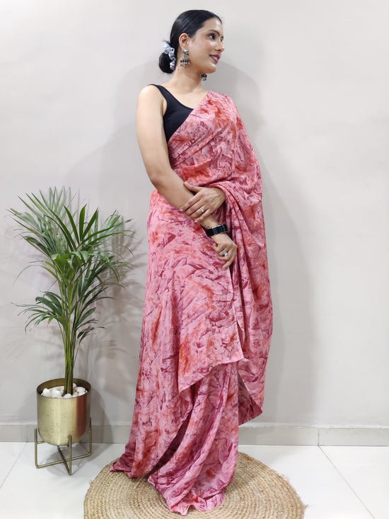 Saree Mall Women's Chiffon Pink Printed Ready To Wear With Blouse Piece-RTWATRNG1305