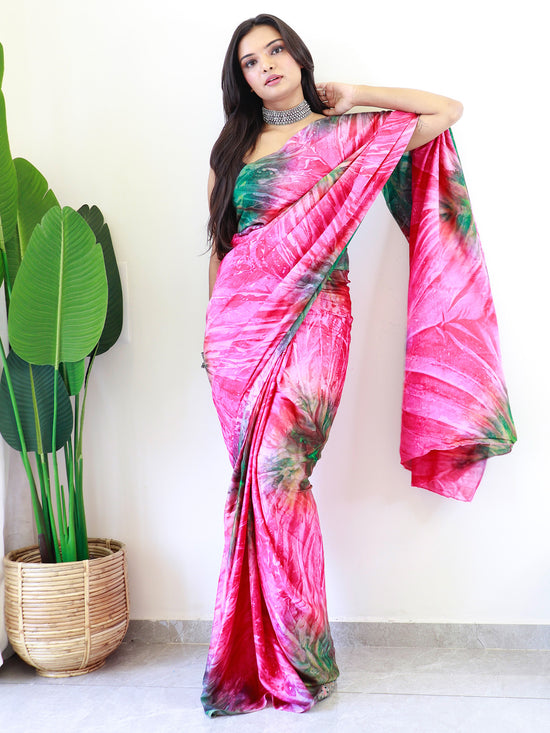 Saree Mall Women's Chiffon Pink Printed Ready To Wear With Blouse Piece-RTWATRNG3310