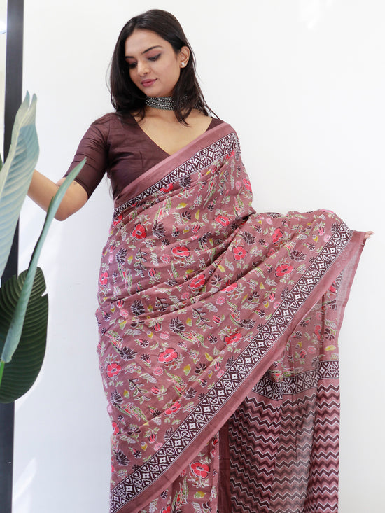 Saree Mall Women's Cotton Brown Printed Ready To Wear With Blouse Piece-RTWMINAXI4101